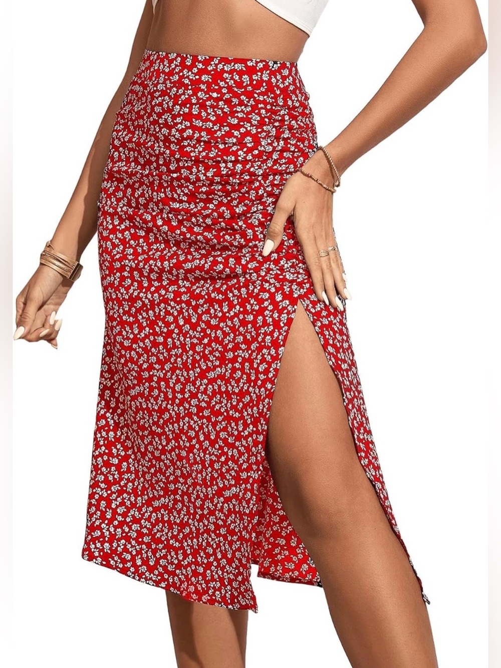 Amazon Red Floral Side-Slit Midi Skirt with White Ditsy Print